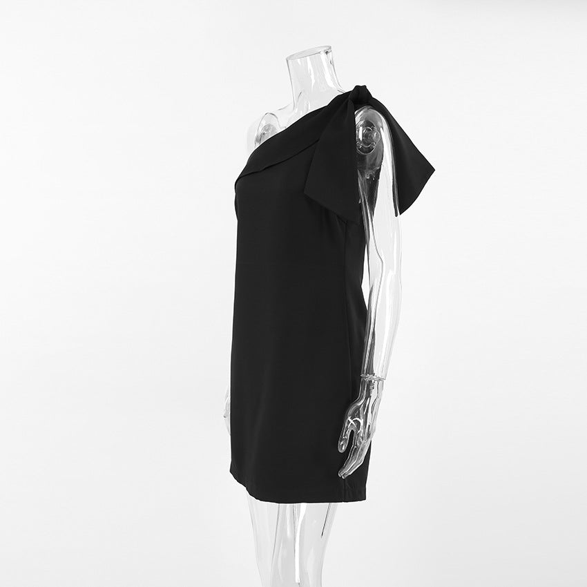 2025 Summer design sense irregular collar black shoulder sexy straight dress  versatile fashion short skirt women's clothing