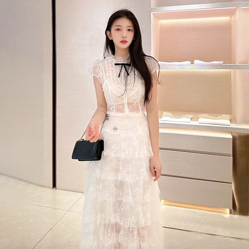 Summer Korean sweet and gentle wind waist cake skirt women's short fashion lace shirt skirt set N3033