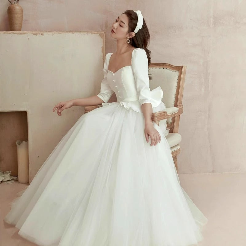 2025 white light wedding dress  new bride simple temperament small man going out yarn women's banquet evening dress