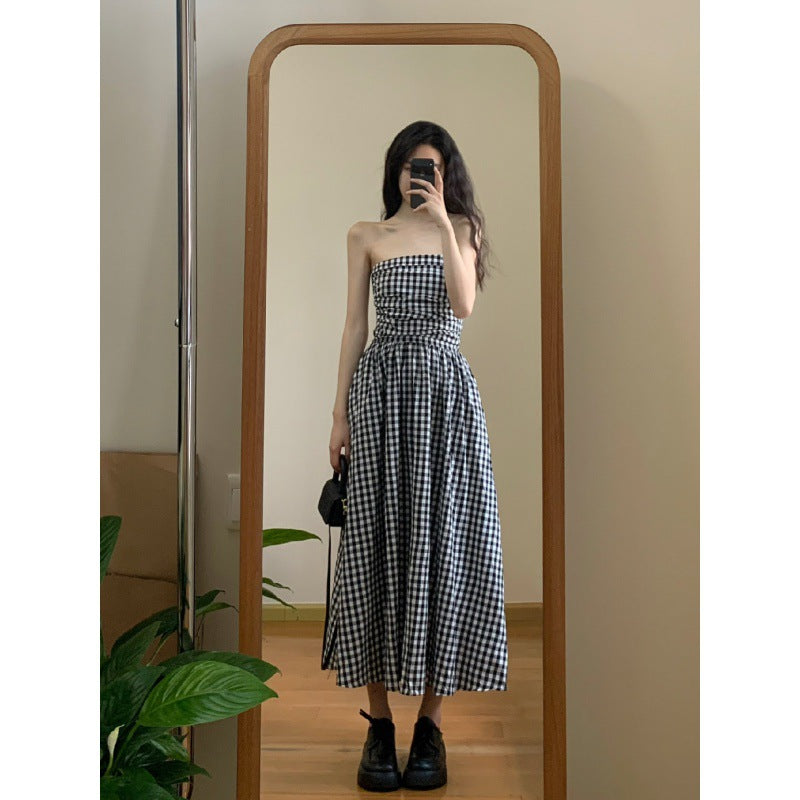 2025 Black and white plaid tube top dress women's  new chest-wrapped long dress + thin long-sleeved lazy wind knitted sweater set