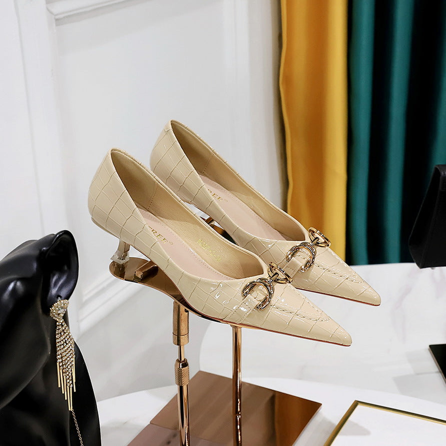 2025 237-2  women's shoes, thin heel, medium heel, shallow mouth, pointed head, retro stone pattern patent leather, metal leather buckle single shoes