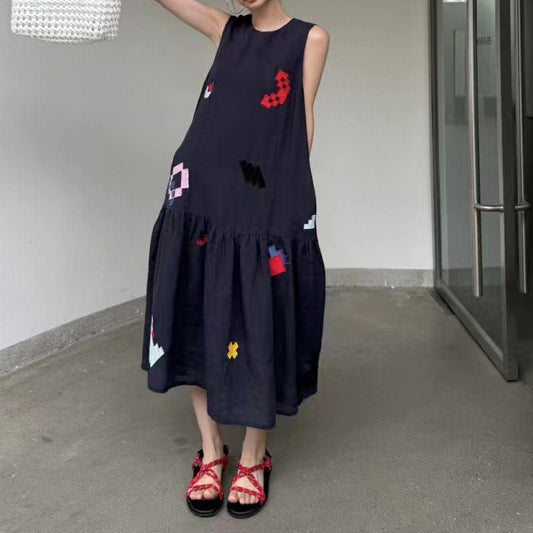 summer new, designer Ou Ruofengquan linen color picture embroidered sleeveless dress
