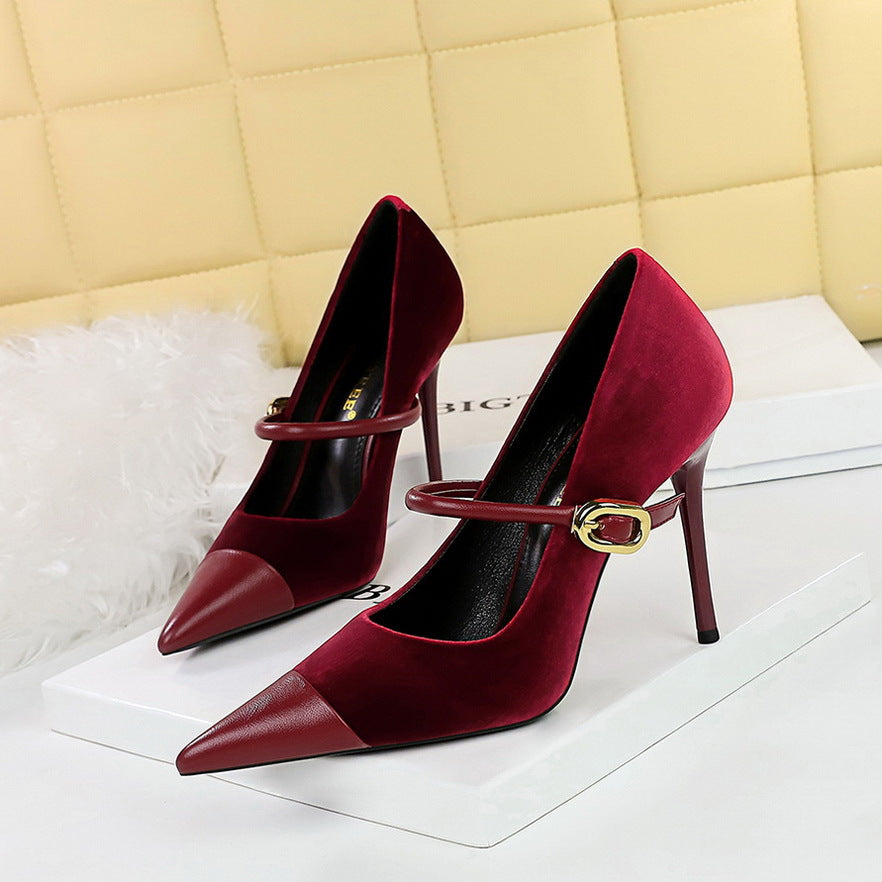2025 9116-A1 Korean version banquet high-heeled women's shoes, thin heels, Xishi suede, shallow mouth splicing, pointed head, one-word belt, single shoes women