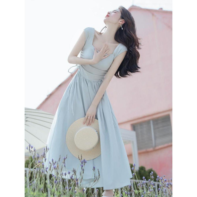 2025 Retro Minimalist Women's Square Neck  Dress Long High Waist Skinny Skirt Women's Summer Long Dress Summer 2025