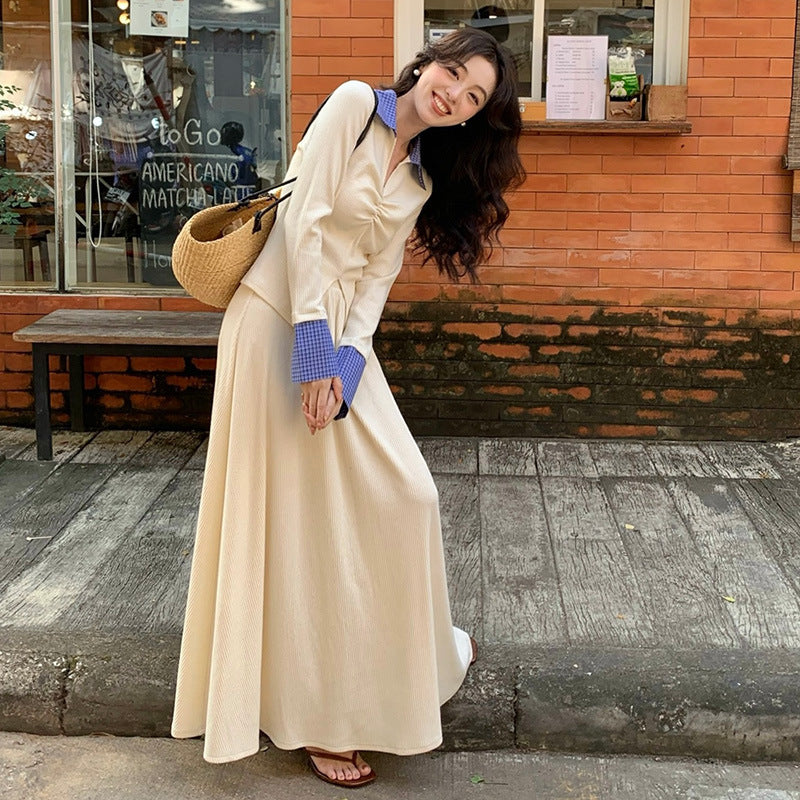 2025 spring college style lapel shirt + high waist A-shaped skirt two-piece suit female 89258
