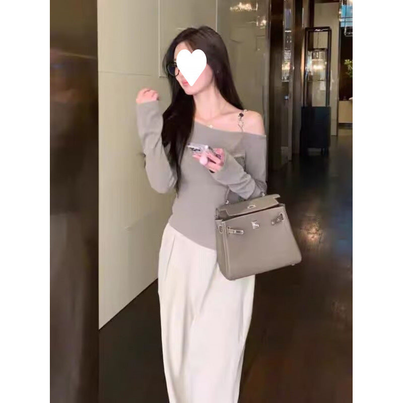 This year's popular beautiful suit 2025 off-shoulder irregular top wide-leg pants pure salt light and cooked two-piece set