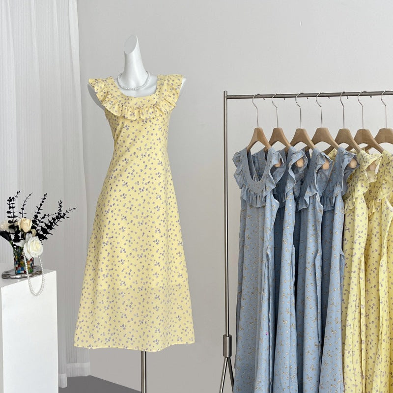 2025 Coffee Break  Yellow Square Neck Floral Suspender Dress Children's Summer New Small Temperament Long Dress