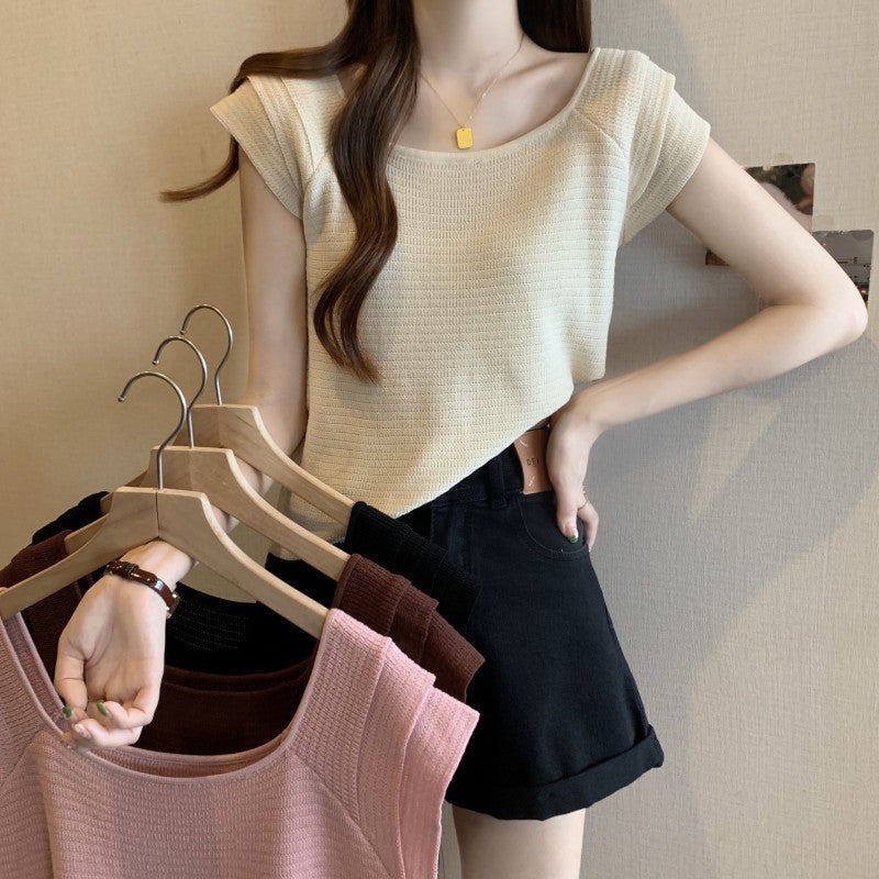 2025 Large size women's clothing new design sense sweet and spicy dew collarbone flying sleeves short sleeves ice silk knitted sweater top women's clothing