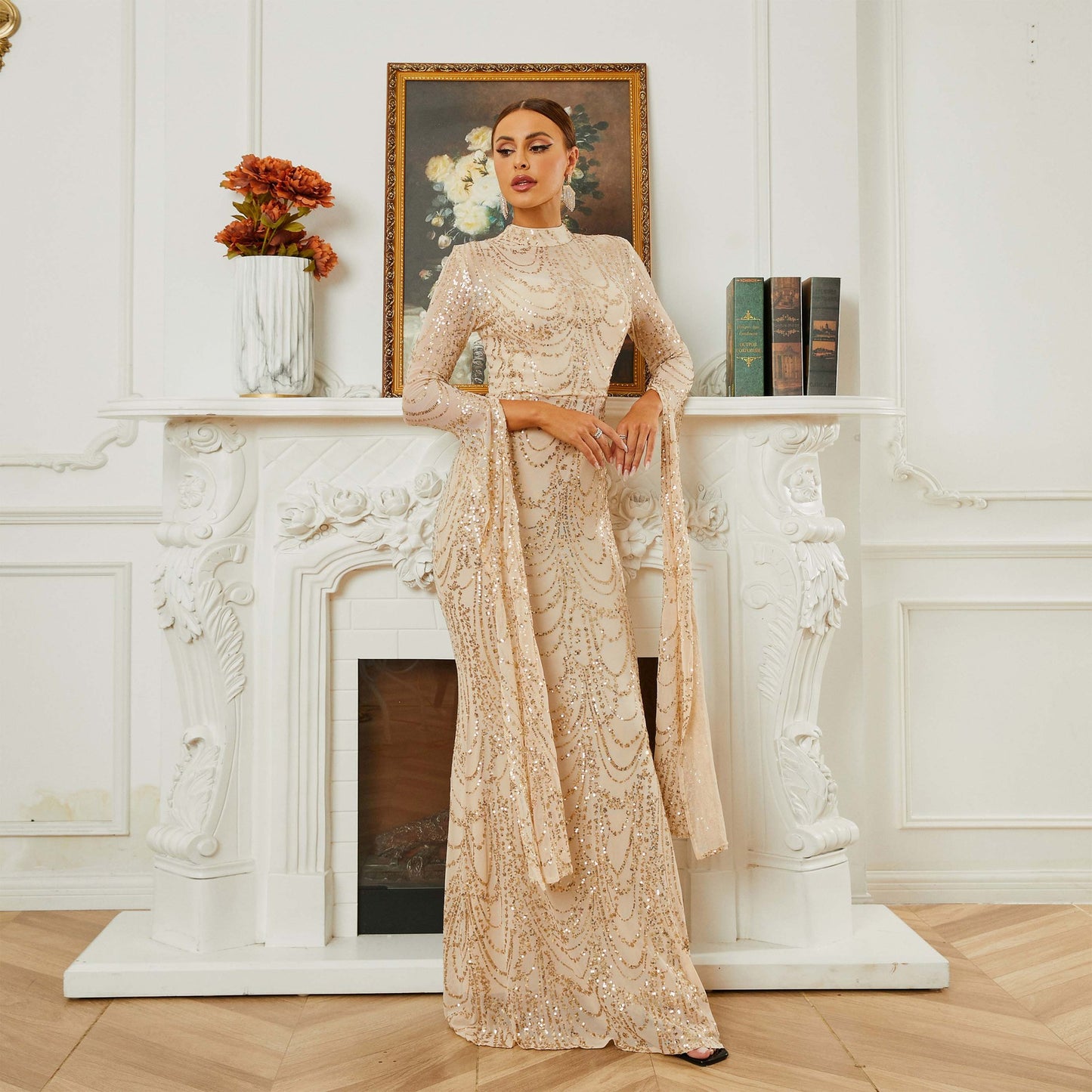 2025 high-end temperament sexy long sequins long sleeves crew neck banquet evening dress bridesmaid dress women