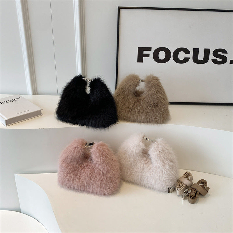 BENPAOLV 2025 Bag Women's  Winter New Soft Imitation Rabbit Hair Portable Women's Bag Small and cute one-shoulder messenger bag
