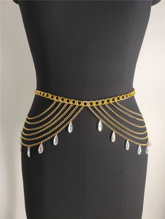 FB1733 2025 Waist chain Popular trade supply fashionable water drop crystal pendant fringed chain waist chain
