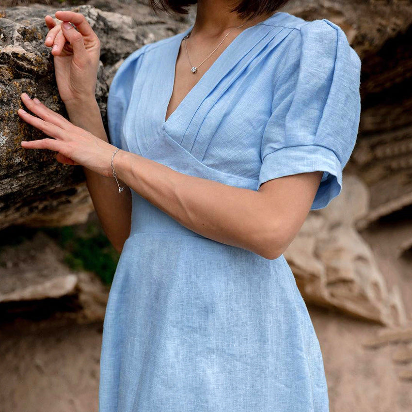 2025 popular summer fashionable versatile blue cotton and linen V-neck bubble sleeve commuter dress  casual commuter skirt