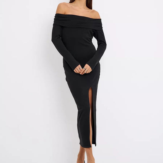 2025 Black sexy polished knitted one-word neck off-the-shoulder split-ended slim-fit hip-wrapped dress popular  spring new models