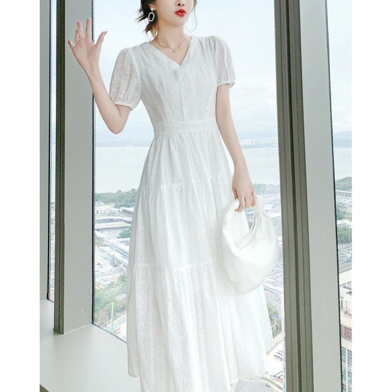 2025 summer new embroidered long skirt  new temperament V-neck slim and thin dress woman