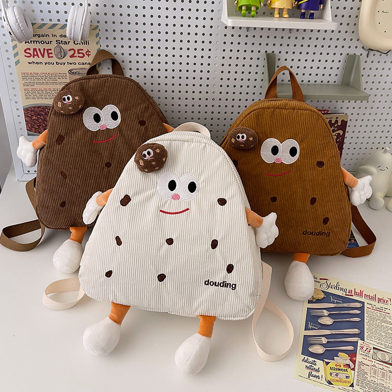 Cute Cookies Small Bookbag Women's Japanese Ins Ugly and Cute Corduroy Niche Cartoon Backpack Girls Backpack