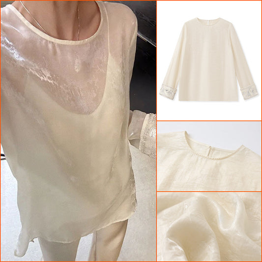Guofeng Spring New Heavy Industry Bead Embroidery Splicing Long Sleeve Top Women's Thin Versatile Silk Shirt N2071