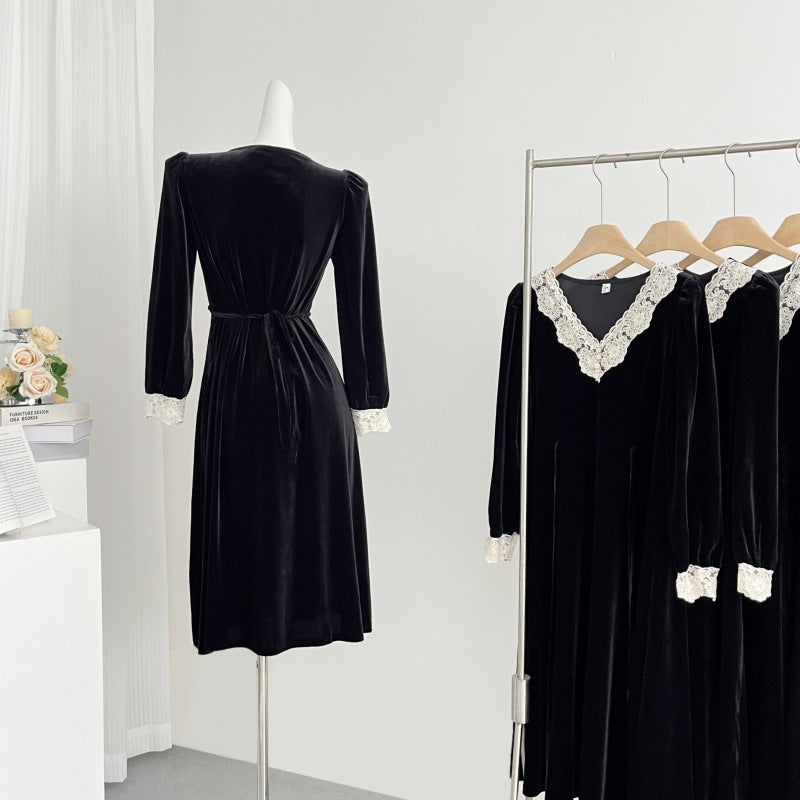 2025 Hepburn style black young velvet dress women's spring dress new high-end temperament slim