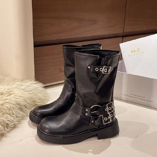 2025  Korean mid-tube boots women's popular new brown round head pleated mid-tube Martin boots
