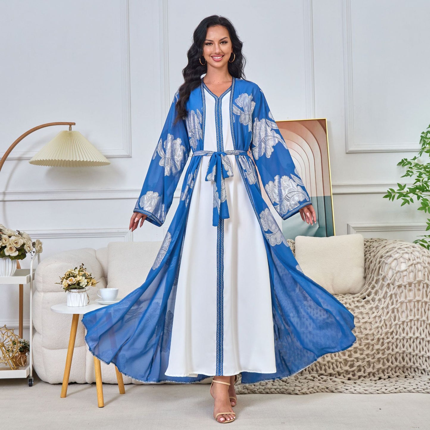 MT173 Middle East Arabian clothing abaya women's clothing V-neck long-sleeved  Popular trade two-piece set bronzing dress