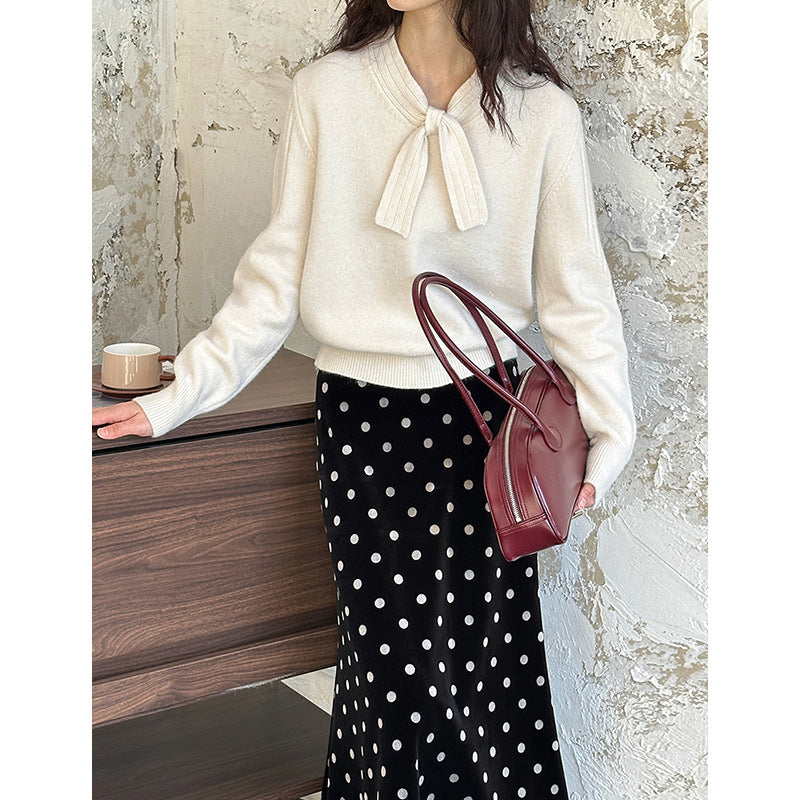 2025 popular autumn and winter new Korean version design sense neckline bow long sleeve inner knitted sweater 248702