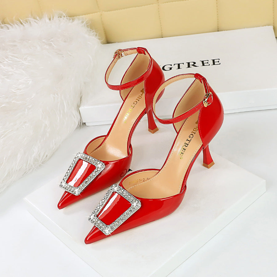 2025 8323-K28  style banquet high heel shallow mouth pointed hollow word with metal rhinestone buckle hollow sandals women