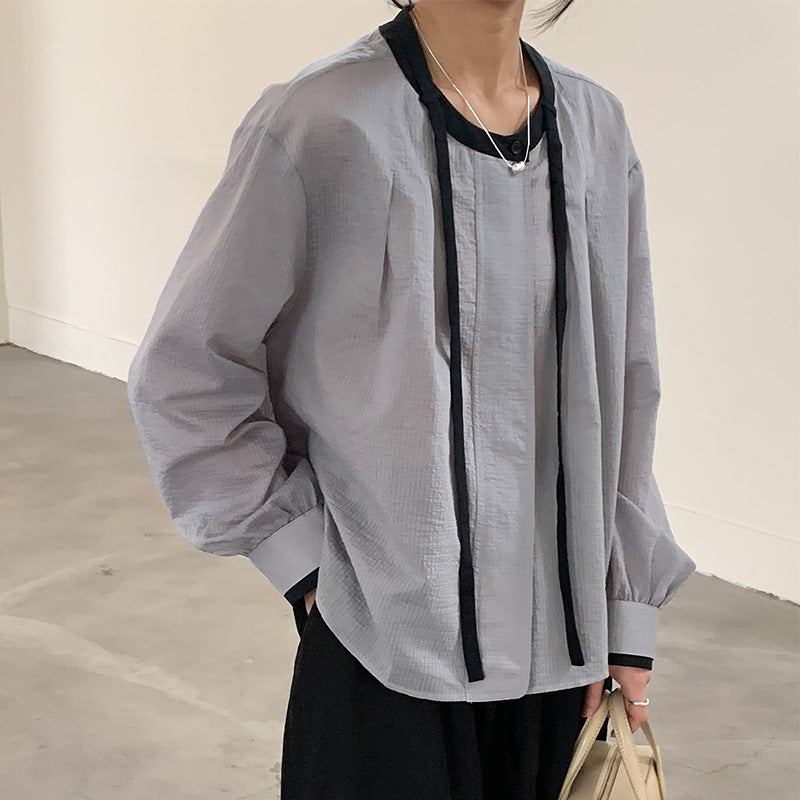 Cotton cocoon, simple contrasting color lace-up neck chiffon lantern sleeve shirt loose versatile and thin lazy style top