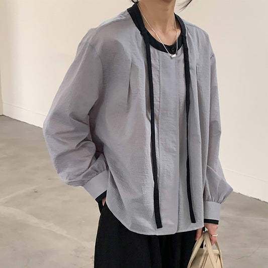 Cotton cocoon, simple contrasting color lace-up neck chiffon lantern sleeve shirt loose versatile and thin lazy style top