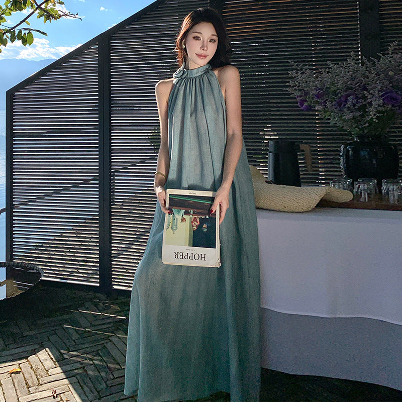 2025 sleeveless neck suspender dress women's summer new high-end temperament seaside vacation fairy long skirt