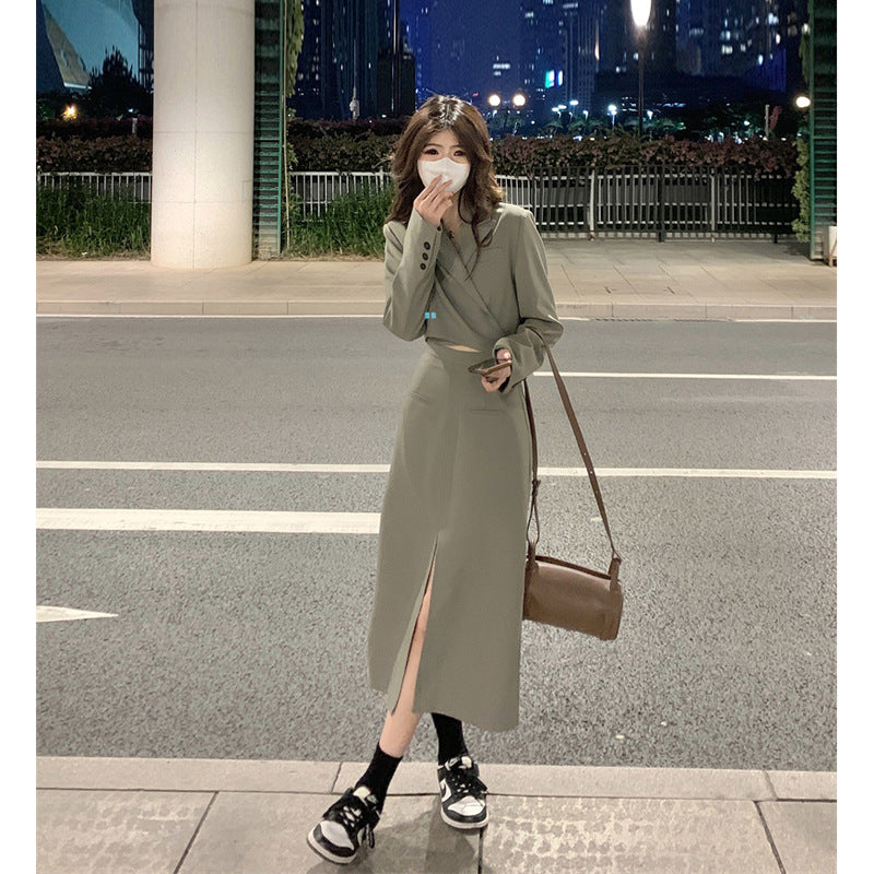 High-end short temperament long-sleeved small suit medium and long split skirt women's autumn 2025 new two-piece set
