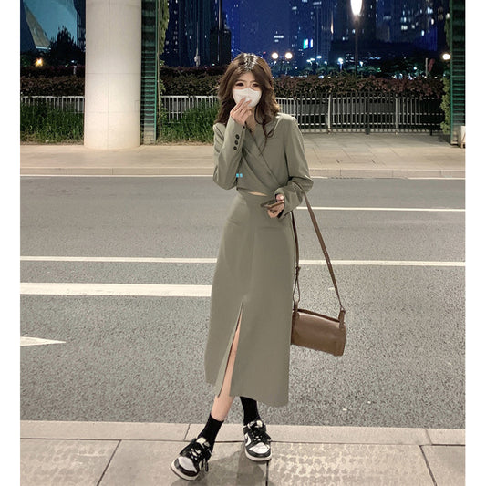High-end short temperament long-sleeved small suit medium and long split skirt women's autumn 2025 new two-piece set