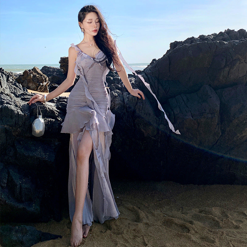 2025 Vintage  dress temperament long dress ruffle edge coffee break travel seaside vacation beach suspender dress