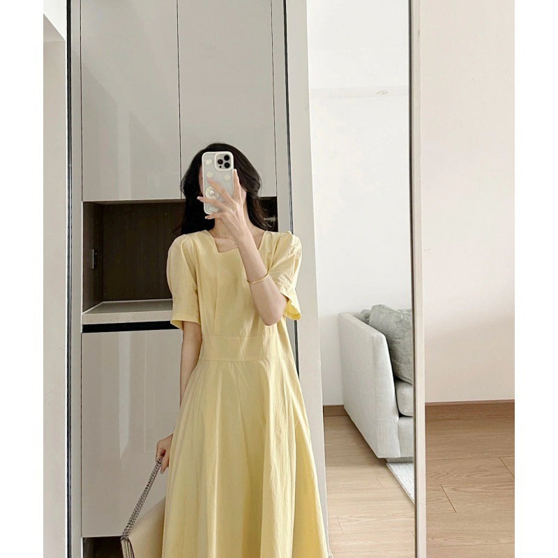 2025 Goose yellow square collar dress women's  summer new Korean version waist and thin temperament commuting elegant  dress