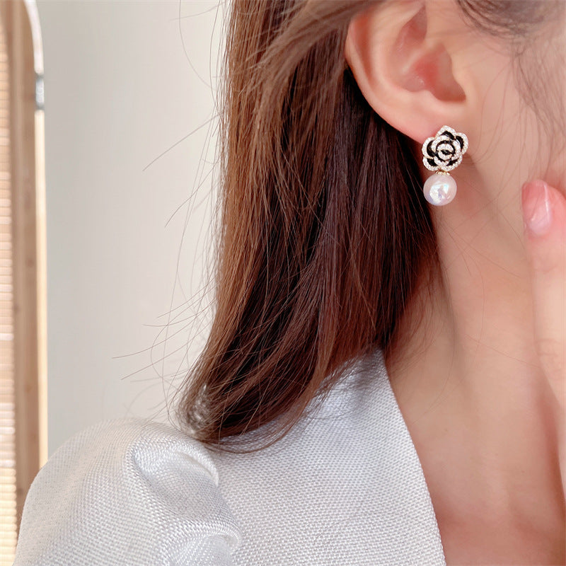 2025 S925 silver needle elegant temperament earrings wholesale black rose earrings zircon three-dimensional camellia pearl earrings