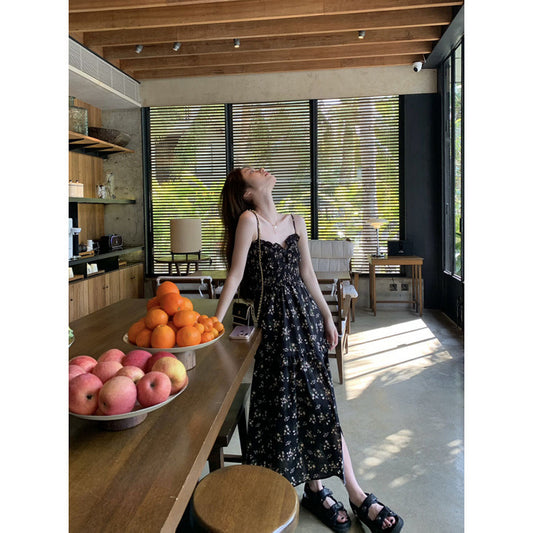 2025 summer new black floral dress women's high-end temperament coffee break skirt split suspender skirt long skirt