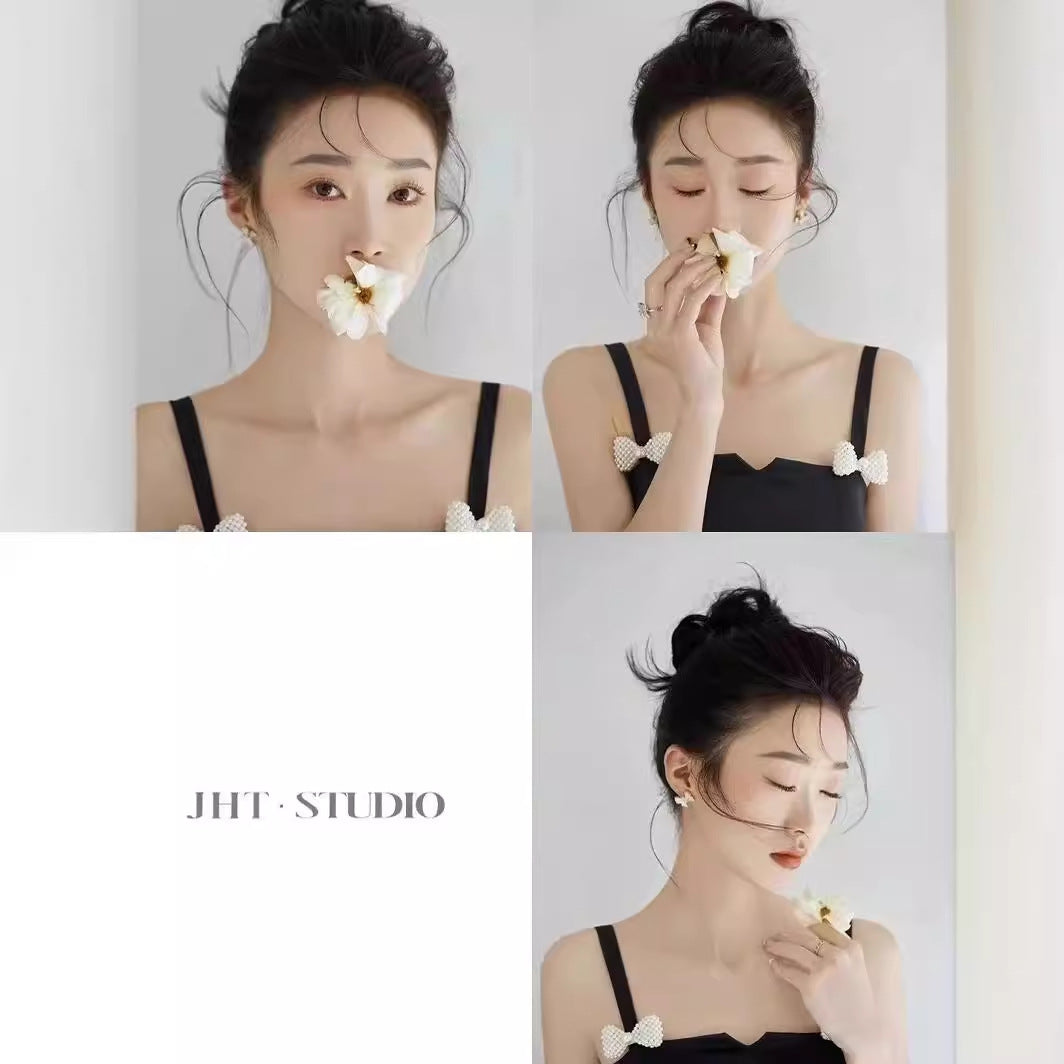 2025 Photo studio photo theme clothing black short skirt Hepburn style  clothing simple bow suspender new dress