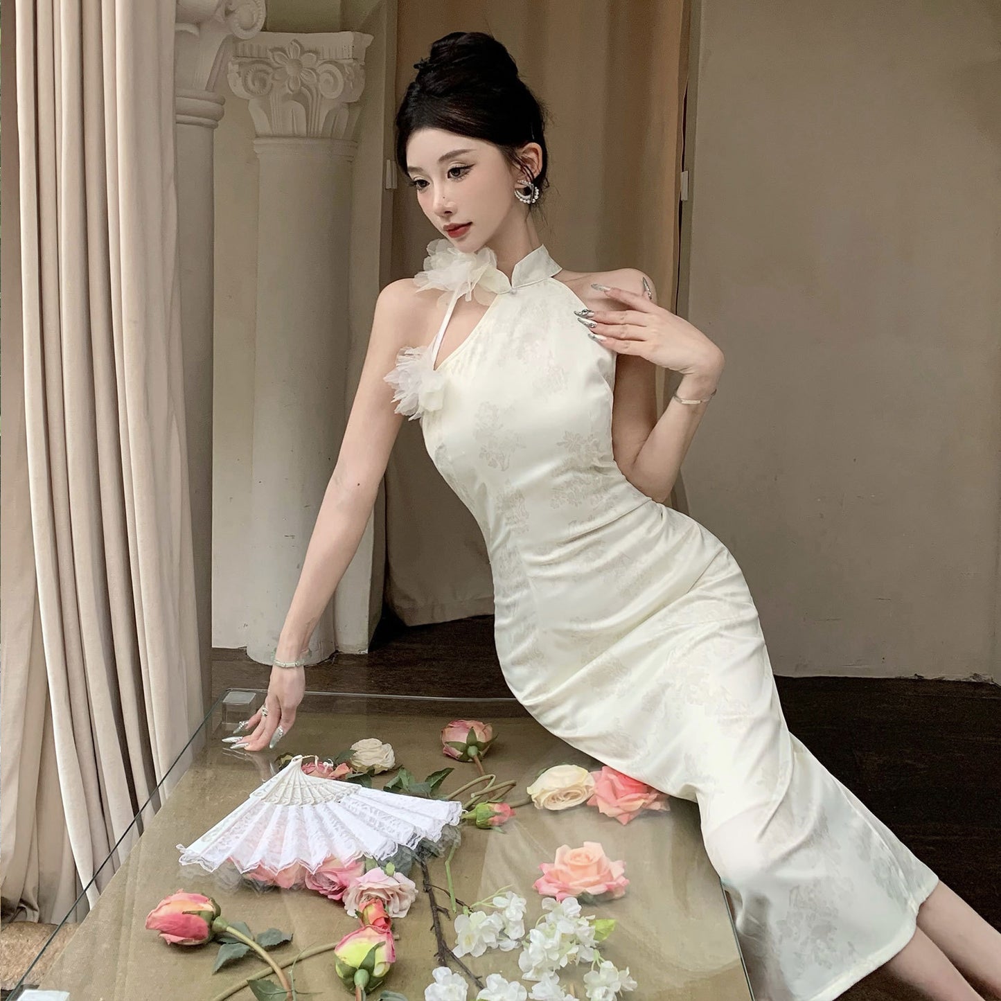 2025 Acetate satin jacquard banquet evening dress women's  summer dress new temperament off-the-shoulder cheongsam dress with split ends