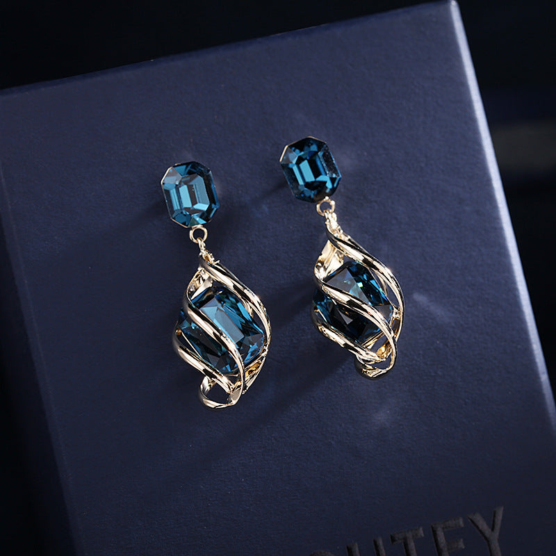 2025 autumn and winter new retro earrings court temperament blue crystal versatile fashion earrings women's 925 silver needles