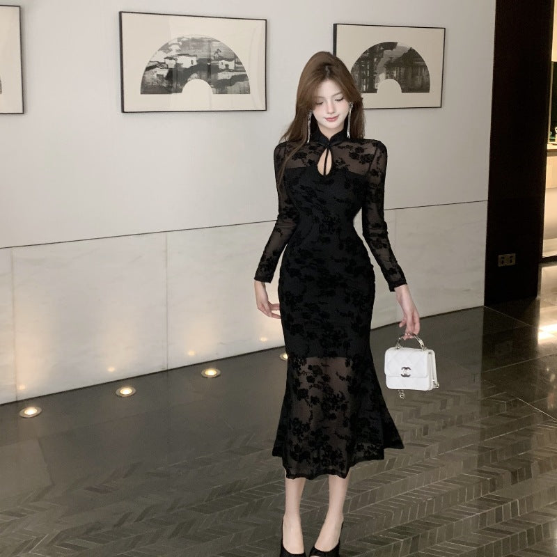 Mesh flocking celebrity women's clothing 2025 new Chinese-style Spice Girl temperament celebrity cheongsam pure desire fishtail dress