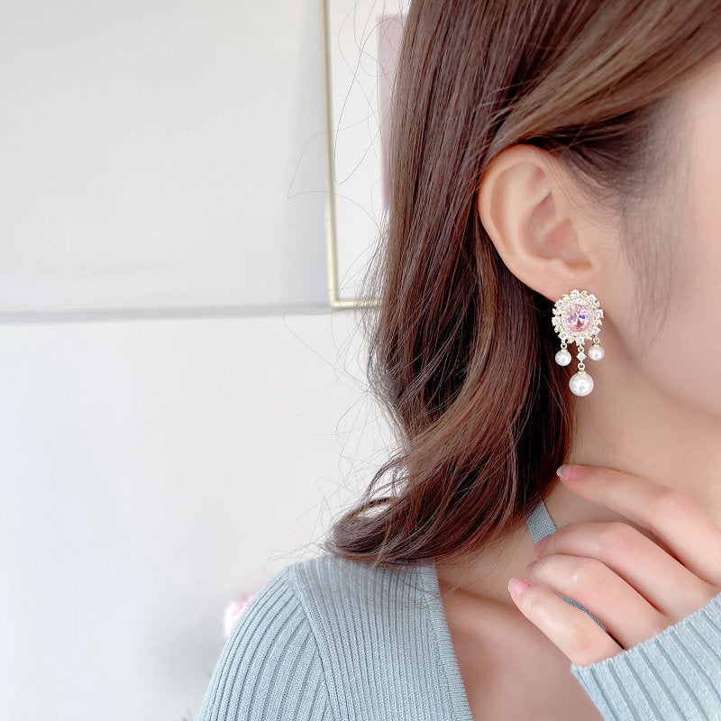 2025 court style elegant temperament s925 silver needle high-end earrings oval zircon inlaid pearl fringed earrings