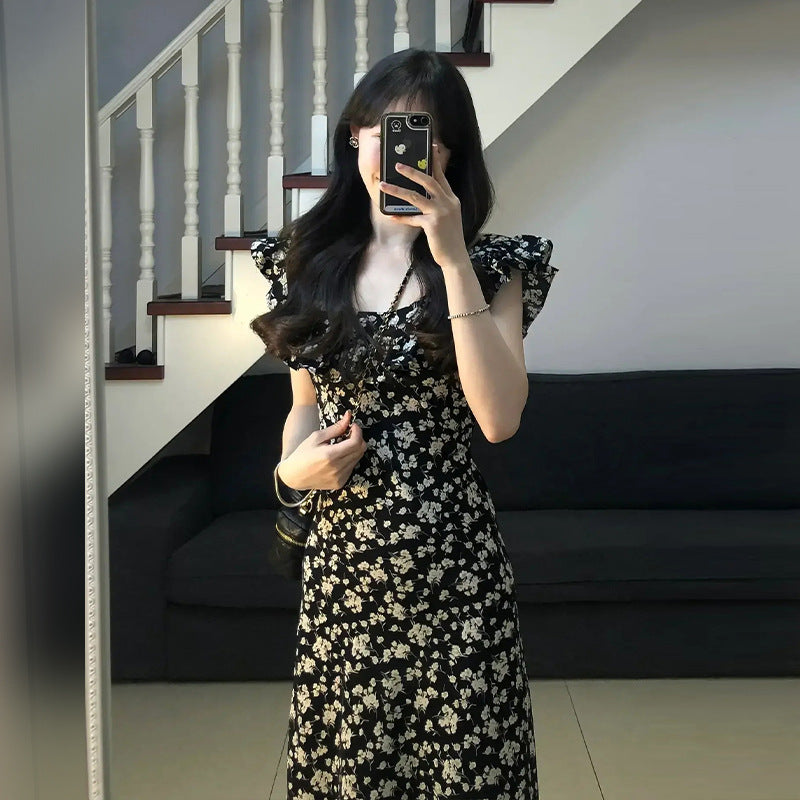 2025 Coffee Break  Hepburn Style Black Floral Dress Children's Summer  New Temperament Waist Long Dress Women's Clothing