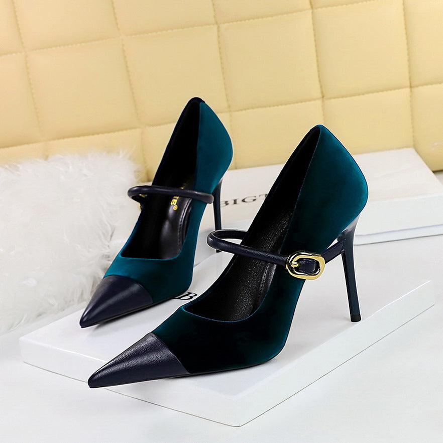 2025 9116-A1 Korean version banquet high-heeled women's shoes, thin heels, Xishi suede, shallow mouth splicing, pointed head, one-word belt, single shoes women