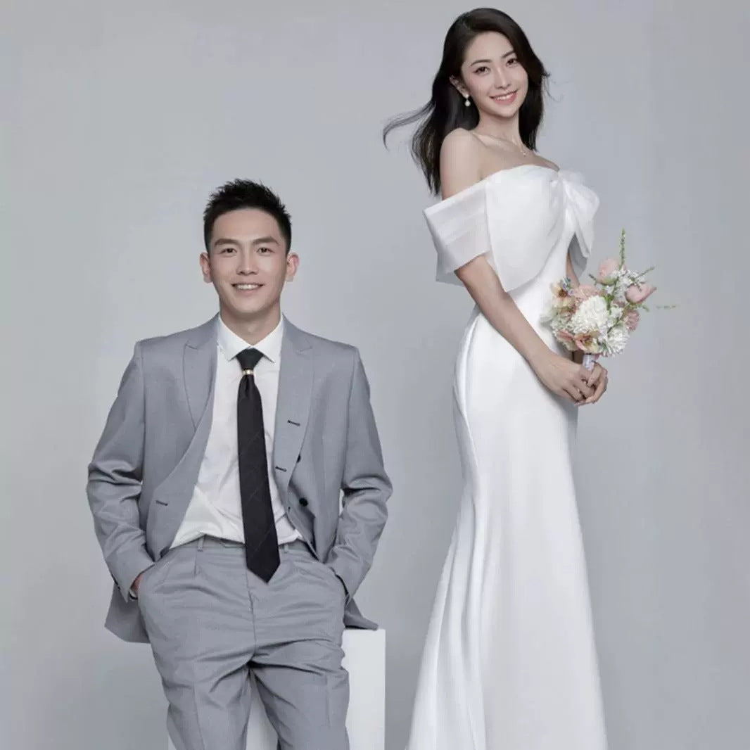 2025 light wedding dress bow shoulder high-end dress simple travel photography super fairy fish tail Korean welcome door dress