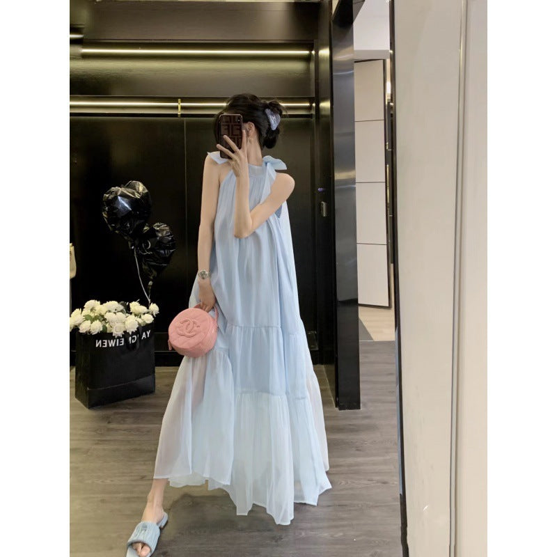 2025 Star Zhang Bichen White Deer same bow neck suspender dress summer long dress seaside vacation skirt