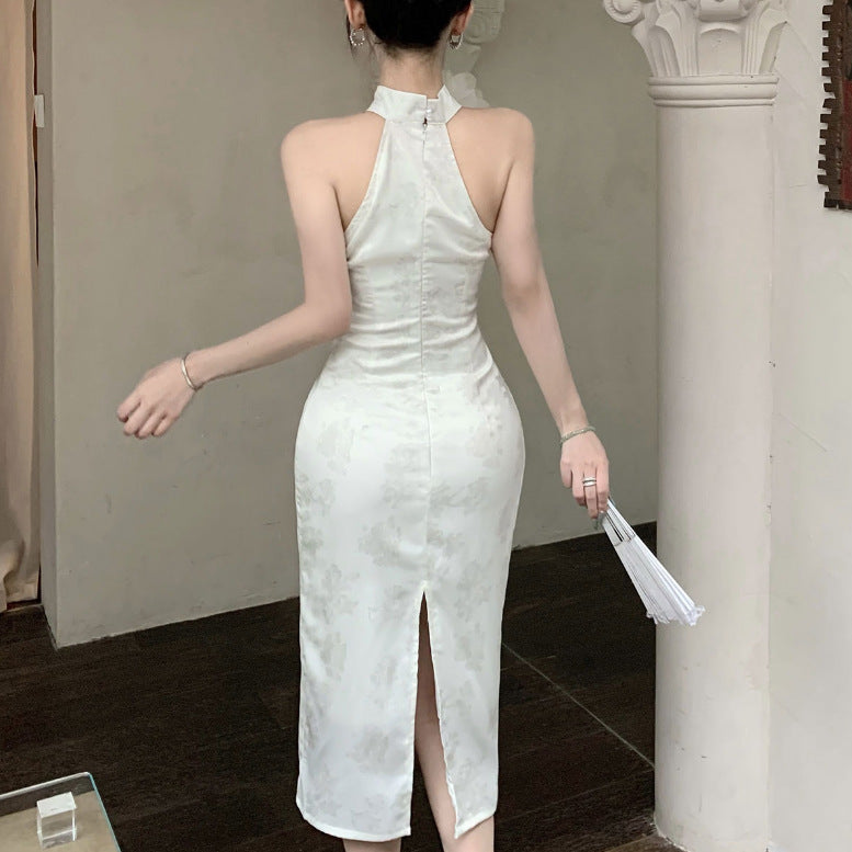 2025 Acetate satin jacquard banquet evening dress women's  summer dress new temperament off-the-shoulder cheongsam dress with split ends