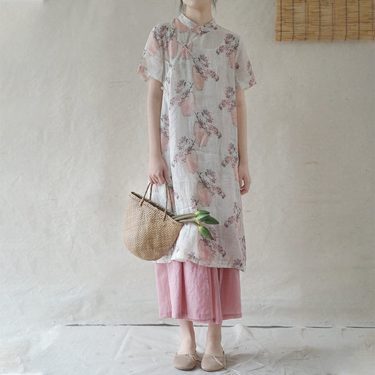 literary and artistic light Chinese style printed ramie cheongsam retro Republic of China thin and versatile dress L21088