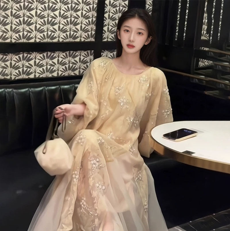New Chinese style flower bead embroidered high-end dress light luxury design temperament long dress N2034