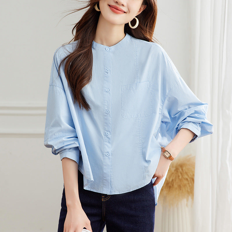 direct sales blue round neck long-sleeved shirt women's  spring clothing new temperament commuter design loose top