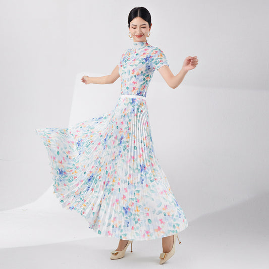 2025 Mizhai suit women's summer two-piece set, high-end new floral short-sleeved T-shirt, thin elastic waist big swing skirt