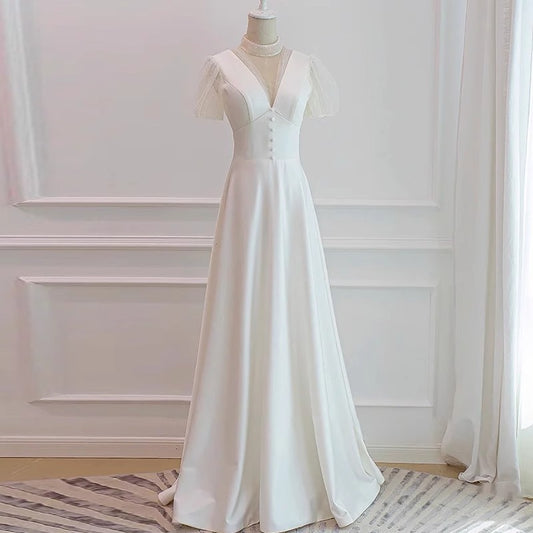 2025 Satin travel photography light wedding dress  simple temperament wedding engagement evening dress bride advanced sense certificate small white dress