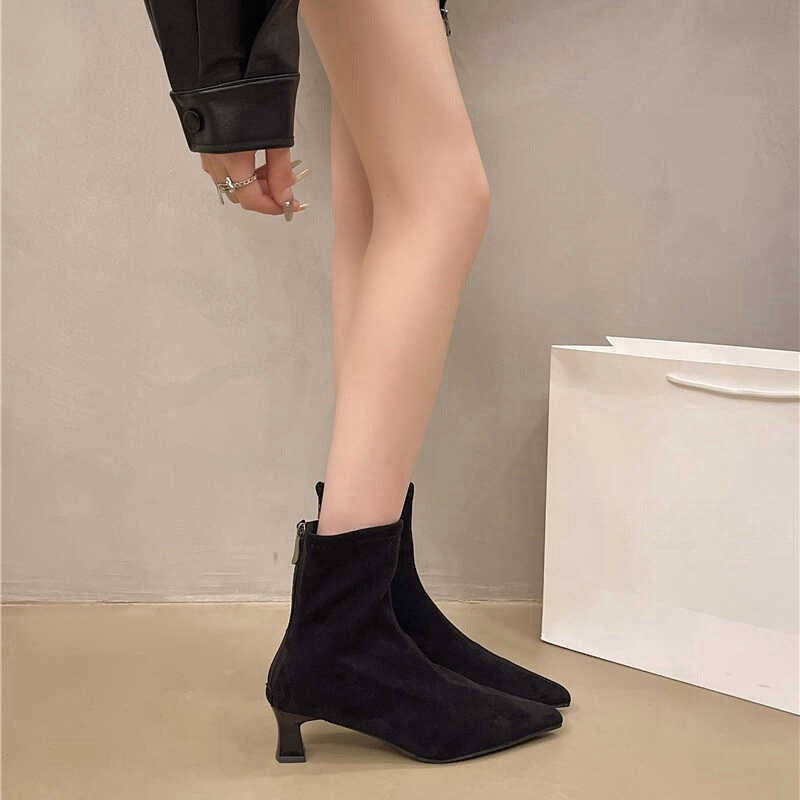2025 niche temperament pointed suede short boots women's boots popular new thin heel high heel and ankle boots thin boots